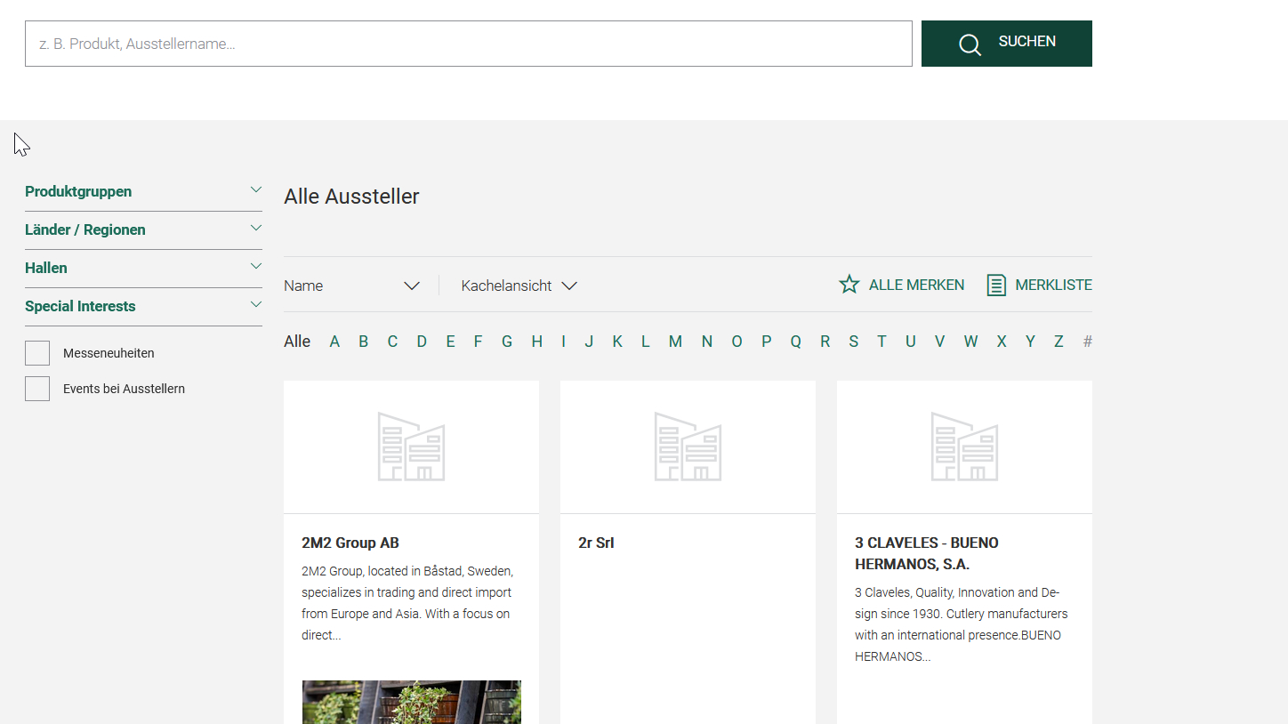 Screenshot der Ausstellersuche der Ambiente