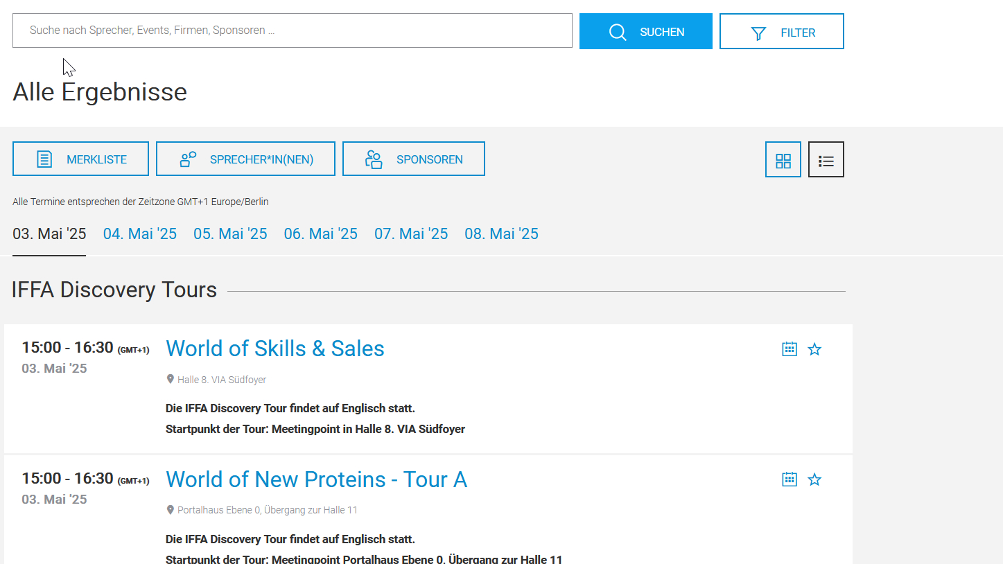 Screenshot des Eventkalenders der IFFA