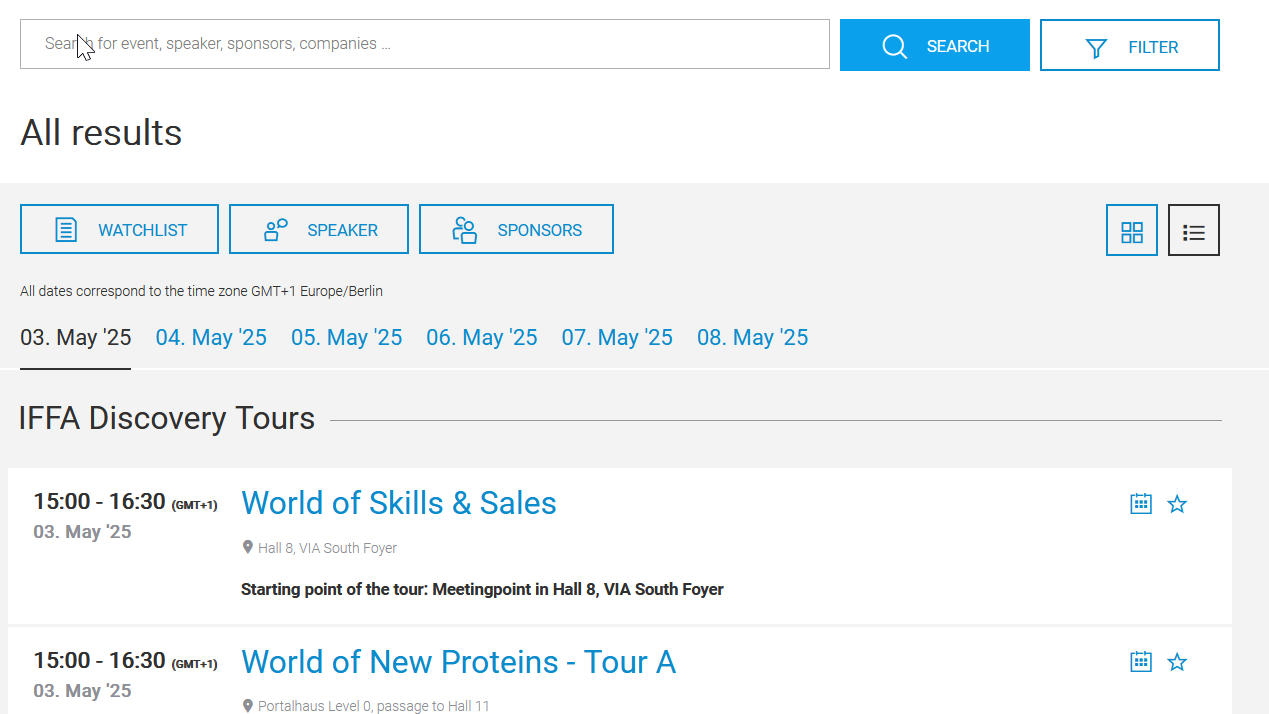 Screenshot des Eventkalenders der IFFA