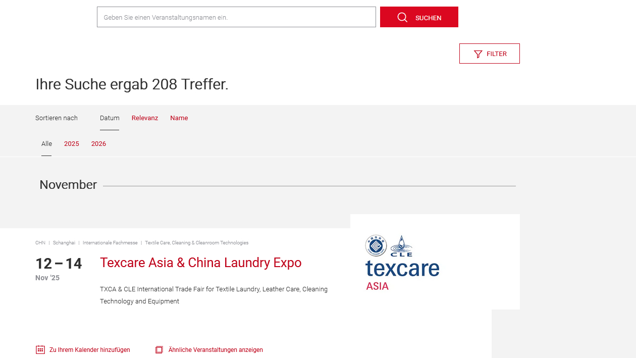 Screenshot der Eventsuche
