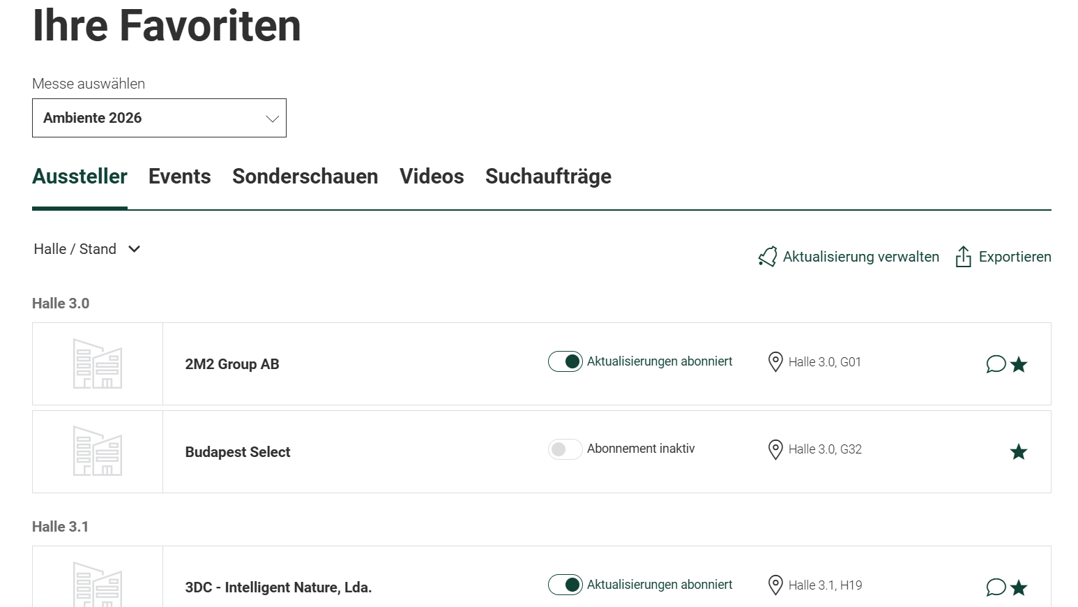 Screenshot Merkliste der Ambiente